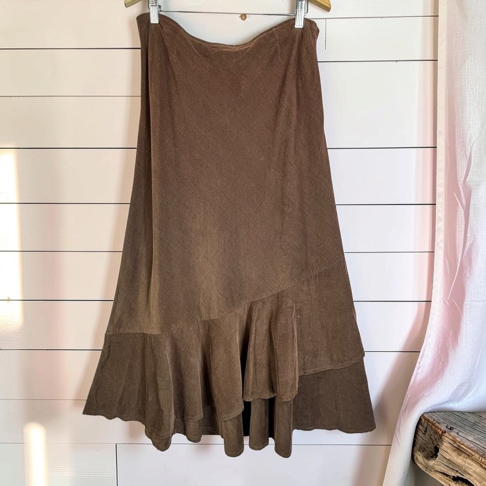 Vintage Corduroy Maxi Skirt Ruffle Hem 14 Brown 100% Cotton Earthy Boho Cowgirl